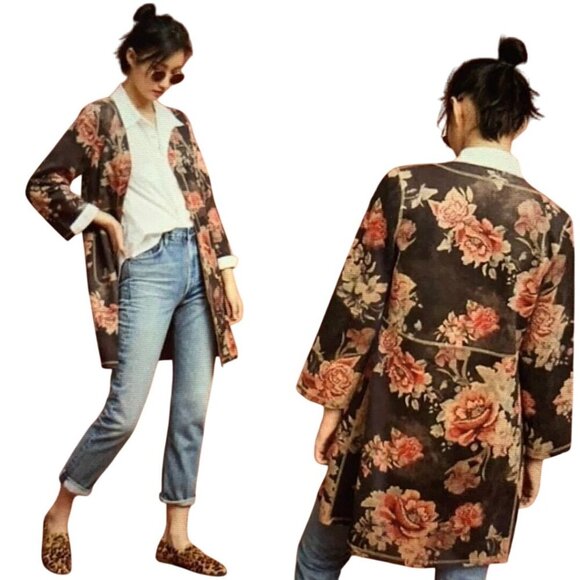 Anthropologie Solitaire NWOT Brown Suede Floral Open Front Kimono Jacket Size M - Picture 5 of 12